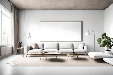 Create your own haven with this minimalist living room, where a stylish sofa, an empty wall, and a white blank frame combine to offer a canvas for your unique style.