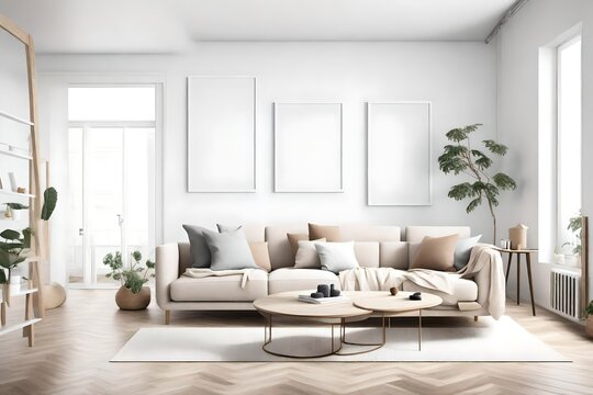 Clean lines and subtle hues define a minimalist living room, showcasing a Scandinavian-inspired interior with an empty wall mockup and a white blank frame.