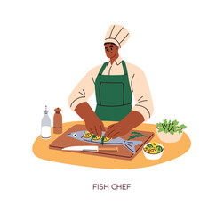 Chef cook preparing fish. Kitchen worker in hat cooking sea food, gourmet dish, meal. Culinary professional making salmon with lemons and spices. Flat vector illustration isolated on white background