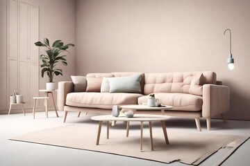Experience the charm of Scandinavian minimalism with a pristine sofa and coffee table set against an empty wall mock-up, bathed in pastel tones in HD quality.