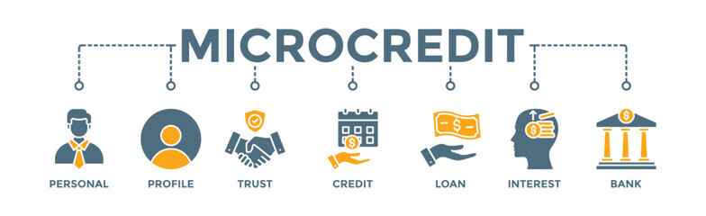 Fototapeta na wymiar Microcredit banner web icon vector illustration concept with icon of personal, profile, trust, credit, loan, interest and bank