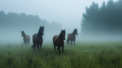 Wild horses troting in the mist - obrazy, fototapety, plakaty