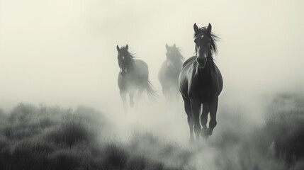 Wild horses trotting in the mist