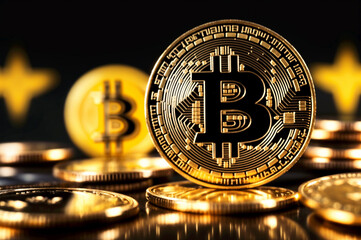 a close-up of Bitcoin is placed on a gold coin with a black background. There is a line graph in the background. ai generative