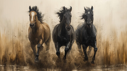 Three wild brown horses troting through the water