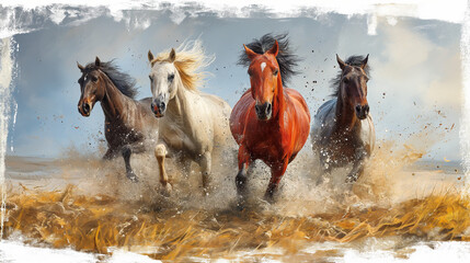Four wild horses galloping on the field