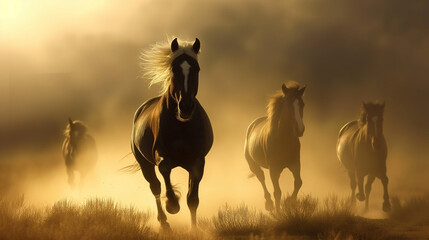 Wild horses troting in the mist