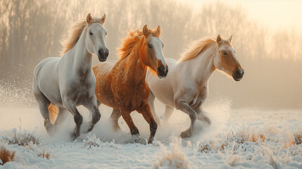 Wild horses troting in the snow