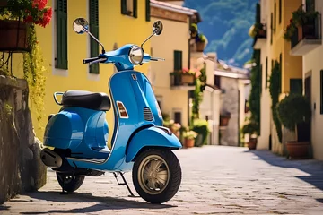 Papier Peint photo Scooter Vintage-inspired blue scooter parked on a charming street in an Italian village, surrounded by colorful facades and a sense of relaxed living
