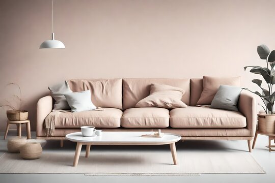 A high-quality image capturing the essence of Scandinavian style, with a simple sofa and coffee table against an empty wall mock-up, highlighted by pastel tones.