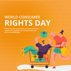 World Consumer Rights Day Poster - Shopping Cart: Advocate for consumer rights on World Consumer Rights Day with this colorful poster featuring a shopping cart and a message of awareness	