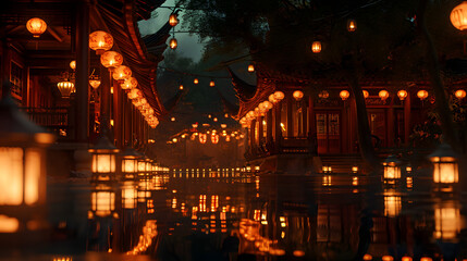 Traditional Lanterns Illuminating Festive Street for Lunar New Year