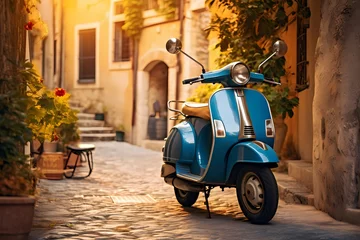 Poster Vintage-style blue scooter resting on the side of a picturesque alley in a quiet Italian village, with sunlight casting a warm glow on the scene © Haider