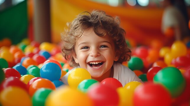 A close-up portrait of a laughing boy having fun in an inflatable pool with colorful balloons at a birthday party at a children's amusement park.