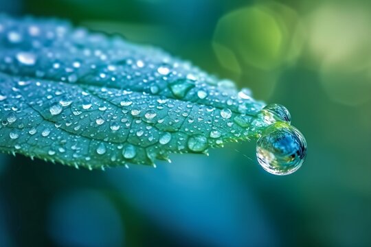Large drop water reflects environment. Nature spring photography raindrops on plant leaf. Background image in turquoise and green tones with bokeh. generative ai.