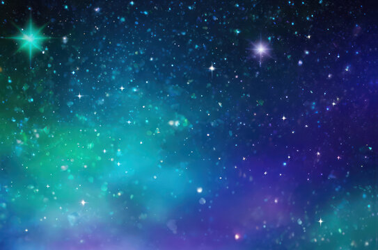 green and blue background with stars and sparkles © Olha Vietrova