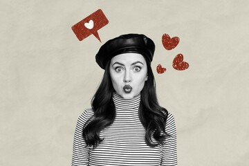 Creative poster collage of funny female girlfriend love date plump lips kiss valentine day concept...