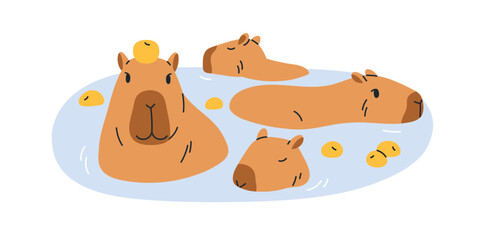 Cute capybaras bathing, Happy funny capy characters swimming in water. Lazy animals, adorable sweet capibaras relaxing. Childish kids flat vector illustration isolated on white background - obrazy, fototapety, plakaty