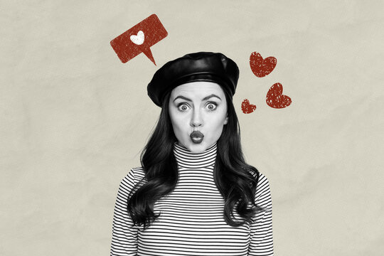 Creative poster collage of funny female girlfriend love date plump lips kiss valentine day concept bizarre unusual fantasy billboard comics