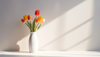Tulips In a white vase illuminated by the sun.