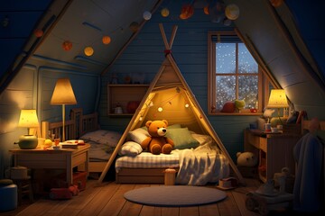 Night view of a cozy kindergarten room, featuring toys, a lovable teddy bear, and a delightful tent, providing a comforting and playful environment