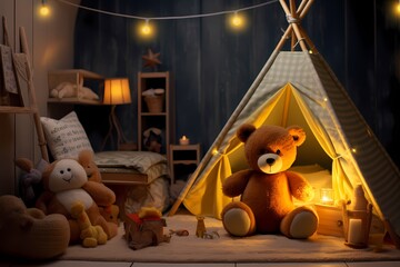 Night view of a cozy kindergarten room, featuring toys, a lovable teddy bear, and a delightful...