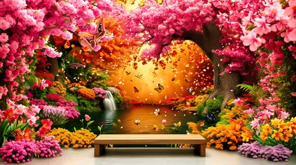 Washable wall murals orange glow A serene garden landscape with a mix of colorful flowers and a quaint wooden bridge, embodying the tranquil beauty of nature in bloom