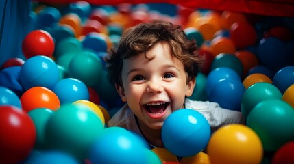 Fototapeta na wymiar Close-up portrait of a laughing little boy having fun in a pool with colorful balloons on birthday party at a children's amusement park.