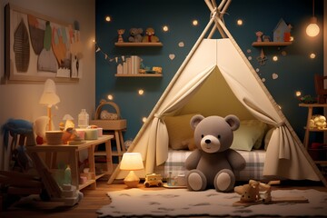 Night view of a cozy kindergarten room, featuring toys, a lovable teddy bear, and a delightful...