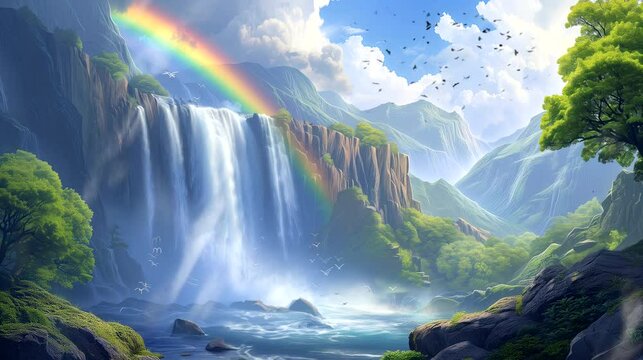 A surreal rainbow over a majestic waterfall. Fantasy landscape anime or cartoon style, seamless looping 4k time-lapse virtual video animation background