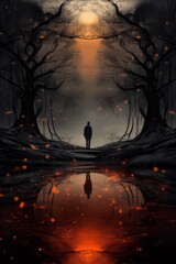 Obraz premium Silhouette of a person in the forest with reflection. Mental health issues creative surreal concept. Individuality, individualism. 