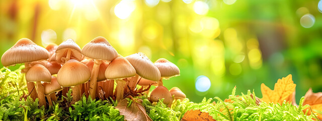 Mushrooms amidst trees, plants, grass, and sky in natural landscape.