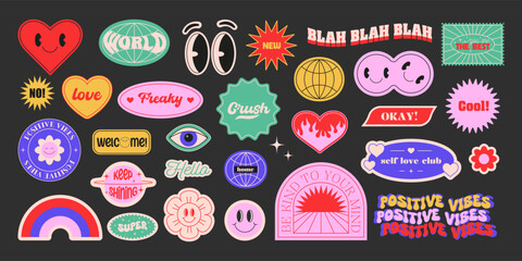 Set of abstract y2k shapes and badges. Geometric templates, smiling faces, flowers, hearts, patches. Groovy and psychedelic stickers. Fun graphic for poster and collage design. Vector illustration