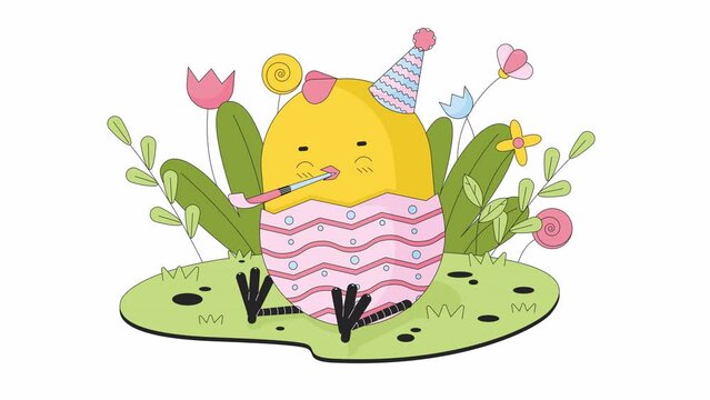 Easter young chicken party blower line 2D animation. Celebrating chick birthday 4K video motion graphic. Eastertide bird in wild flowers grass linear animated cartoon flat concept, white background