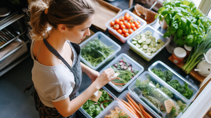 A woman shopping vegetables and organizing pre-cooked meals into containers for the week