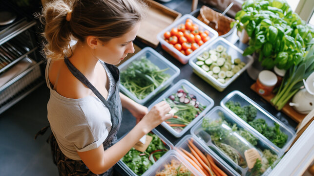 A woman shopping vegetables and organizing pre-cooked meals into containers for the week