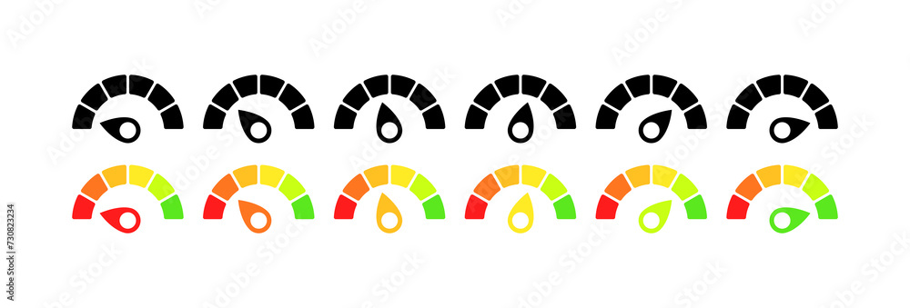 Poster speedometer temperature icons. indicator collection. silhouette and flat style. vector icons