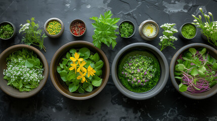 Wild herbs in bowls on a table