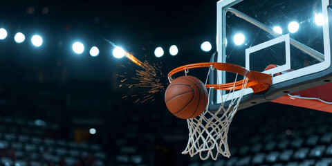 A basketball ball flies into a basket. Game banner