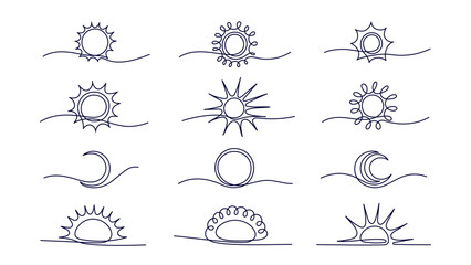 Linear sun, moon. Vector continuous line element - obrazy, fototapety, plakaty