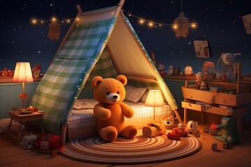 Nighttime setting in a kindergarten room, highlighting a variety of toys, a teddy bear friend, and...