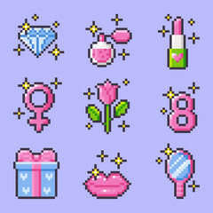 International Women's Day pixel art set. Isolated girly cute vector icons. Female power. 8 march. Design for stickers, mobile app. Vector pixel art illustration in 8-bit y2k style.