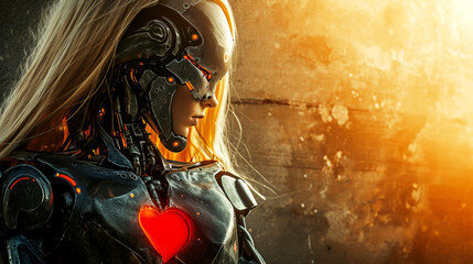 Fototapeta premium Portrait of humanoid woman . Cyborg Robot Warrior with red heart. Minimalist style banner