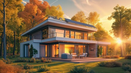 Eco friendly contemporary passive house with light inside and solar panels and terrace in Indian summer with photovoltaic system on the roof against forest landscape - obrazy, fototapety, plakaty