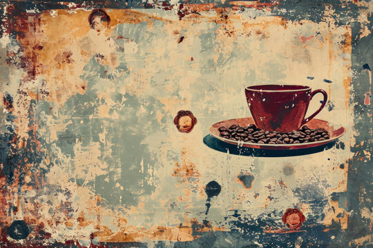 Coffee shop retro sign. Cup of coffee and beans. Modern collage with different textures
