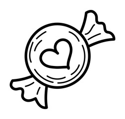 Coloring book candy in wrapper with heart doodle. Love dessert. Hand drawn vector illustration.