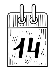 Coloring book calendar with date 14 doodle. Hand drawn vector illustration.