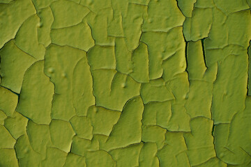 Closeup of yellowish green peeling and cracking paint on the wall