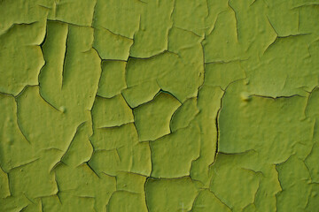 Macro of yellowish green peeling and cracking paint on the wall