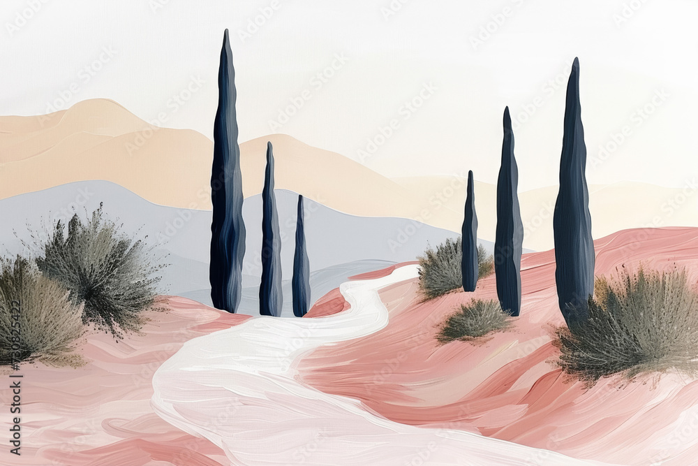 Wall mural minimalist desert landscape painting, winding path, cypress trees, soft color palette.